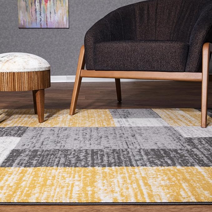 Rugshop Oslo Modern Yellow Area Rug, Geometric Boxes Design, Non-Shedding Carpet for Living Room or Bedroom, 5' x 7'