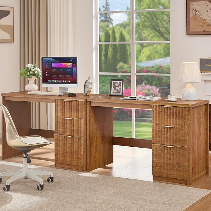 48" Modern Fluted Home Office Desk with Storage Cabinet, Brown Wood Executive Desk with File Drawer & Golden Handles, Large Computer Writing Table for Office,Study, Living Room, Bedroom