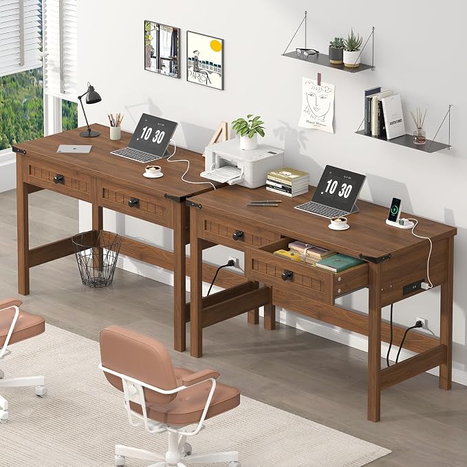 YOMILUVE Farmhouse Computer Desk with 2 Drawers, 39 Inch Small Office Computer Desk with Power Outlets, Compact Writing Study Vanity Desk for Small Spaces, Brown