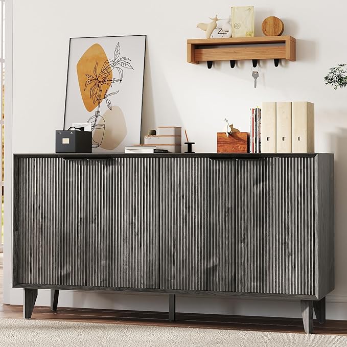Fluted Cabinet with Storage, Buffet Storage with 4 Doors, Buffet Sideboard Accent Cabinet with Adjustable Shelves for Living Room, Kitchen, Entry, Hallway, Black&Grey