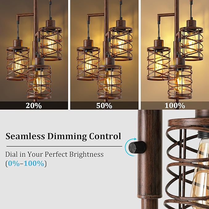 BOBOMOMO 70" Farmhouse Dimmable Floor Lamp, Walnut Brown Industrial Metal Cage Standing Lamp with 3 LED Bulbs, Stepless Dimming Tall Tree Lamp for Living Room, Bedroom, Office, Corner