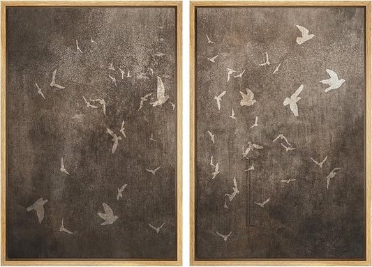 IDEA4WALL Framed Canvas Print Wall Art Set Flying Birds Silhouette Rustic Neutral Tone Abstract Illustrations Modern Art Decorative Calm/Zen for Living Room, Bedroom, Office - 24"x36"x2 Natural