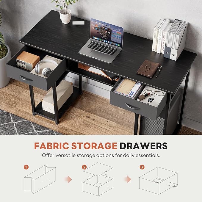 DUMOS 48" Small Computer Home Office Desk for Bedroom with Drawers, Gaming Writing Study Table with Storage Shelf, Adjustable Feet, Compact Desk for Gaming and Home Office Use, Metal Frame Black