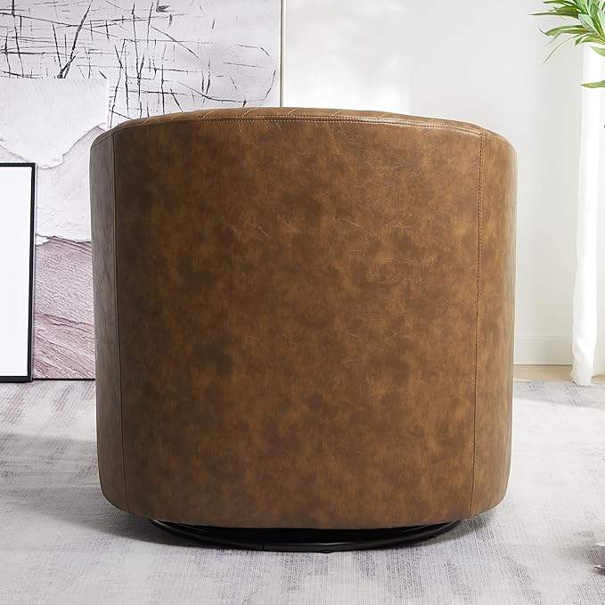 KINWELL 29" Wide Tufted Faux Leather Swivel Barrel Chair, PU Leather Modern Upholstered Accent Chairs with Nailhead Trim, Small Armchair for Living Room Bedroom, Coffee