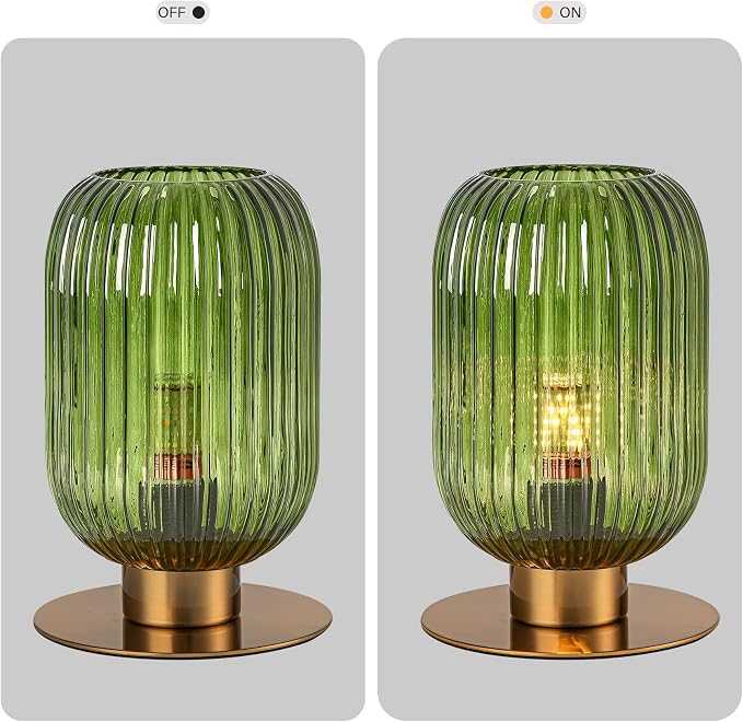 Green Glass Table Lamp, Mid Century Modern Table Lamp Vintage Gold Bedside Lamp with Brass Metal Base, Decorative Desk Lamp Small Boho Lamps for Bedroom Nightstand Living Room Office