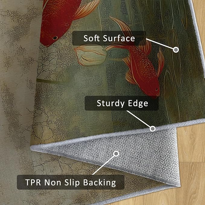 Lotus Flower Runner Rug 4x12, Koi Fish Design, Asian Art Area Rug, Washable Non-Slip Floor Carpet Runner for Bedroom, Dining Room, Living Room Aisle