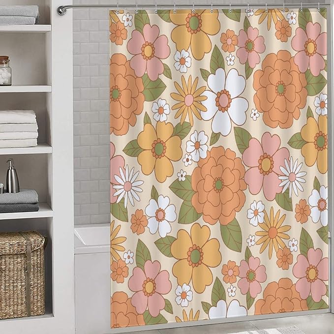 70s Shower Curtain for Bathroom,Rustic Hippie 70s Daisy Floral Flower Cute Funky Trippy Groovy Vintage Boho Waterproof Fabric Shower Curtain Set with Hooks, 72"x72"