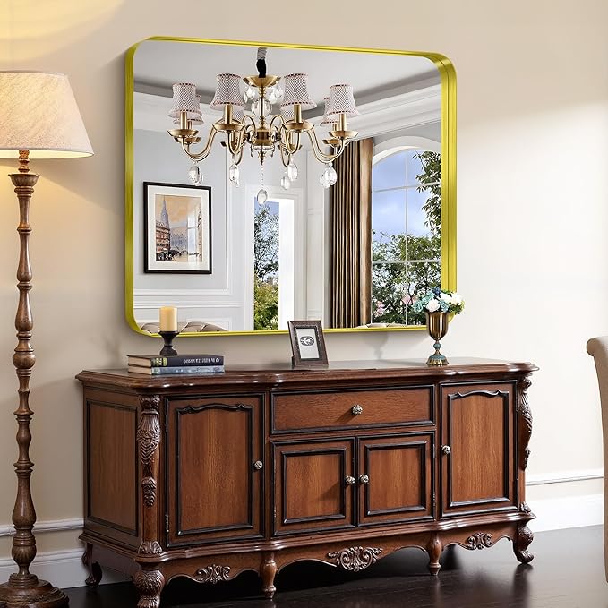 CIRCUMI Gold Bathroom Mirror, 40"x48" Rectangular Mirror with Deep Metal Frame, Rounded Corner, Tempered Glass, Large Mirror for Wall, Over 2 Sinks, Installed Vertically/Horizontally, Crystal-Clear