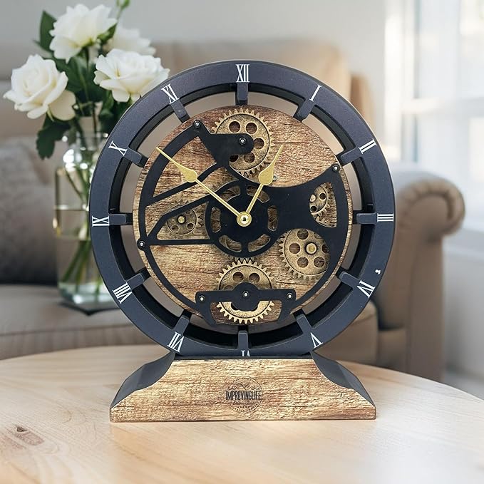 ImprovingLife The Gears Clock Desk Clock 10 inches with Real Moving Gears Convertible into Wall Clock (Vintage Brown)