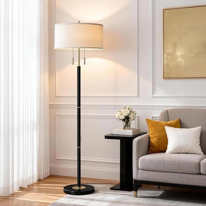 2-Light Mid Century Modern Floor Lamp, Standing Lamp with Fabric Shade and Pull Chain Switch, Tall Floor Lamp for Living Room, Bedroom,Office Corner (Black, 2X 3CCT Bulb Included)