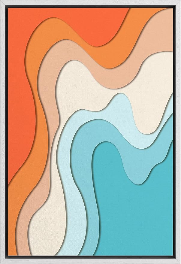 Woodrose Framed Canvas Print Wall Art Neon Orange, Tan & Blue Color Gradient Abstract Shapes Illustrations Modern Art Minimalist 3D Colorful Ultra for Living Room, Bedroom, Office - 24"x36" WHITE