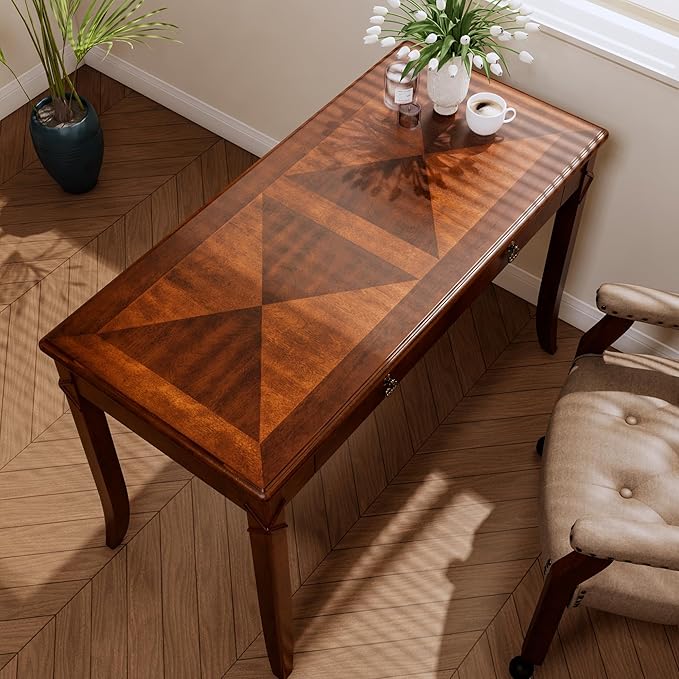 Solid Wood Writing Desk, Home Office Desks with 2 Storage Drawers, 46" Mid-Century Modern Walnut Tables, Computer Desk for Home Office, Easy Assembly Vanity Desk, Study Table Station BSZDR200