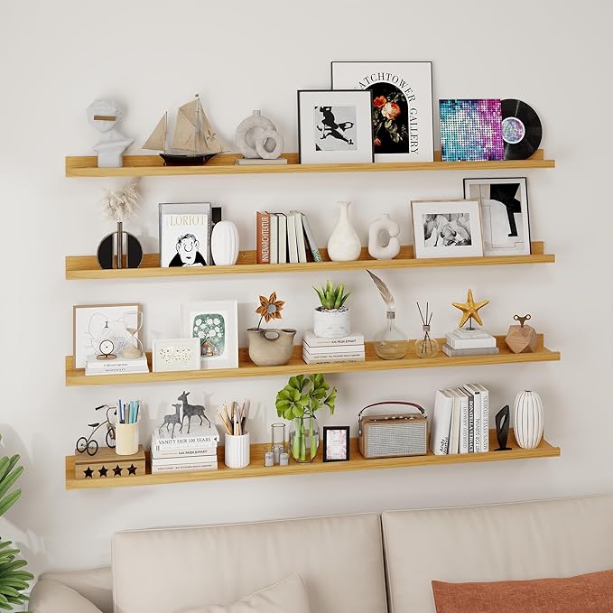 Axeman Picture Ledge Shelf | 55 Inch Oak Floating Shelves Set of 4 | Rustic Wood Wall Shelves with Lip | 55" Oak Picture Shelves for Wall with Ledge | Photo Shelves
