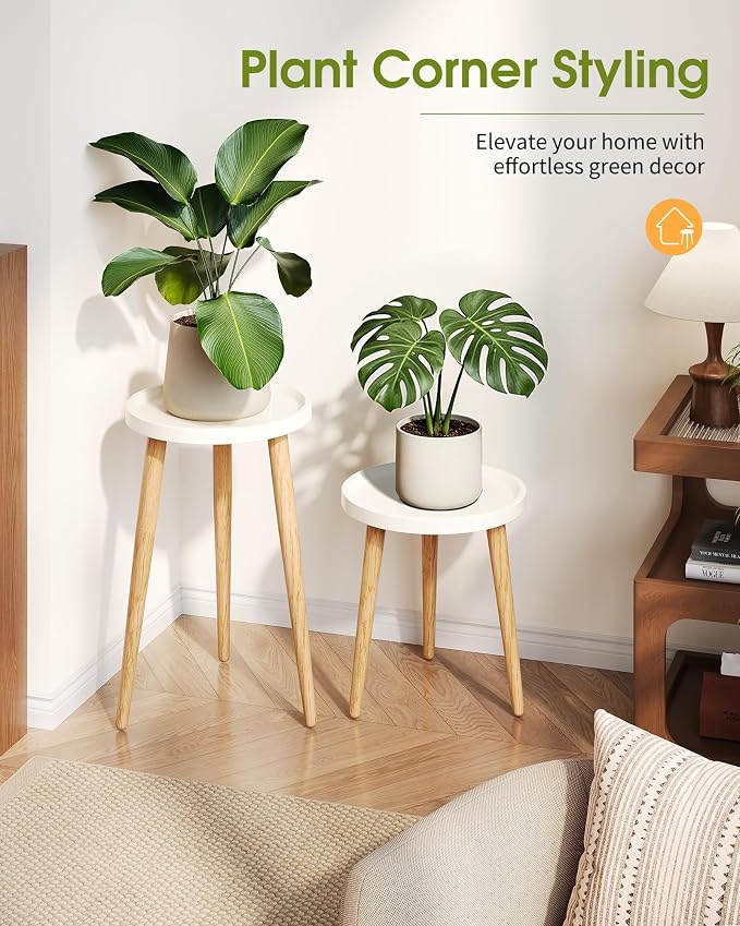 Plant Stand Indoor, Wood Mid Century Indoor Plant Stand, Tall Plant Stands for Flower Pot, Modern Round Plant Table, Small Side End Table with Raised Design, 1 Pack, White, 11.7''x18.8''