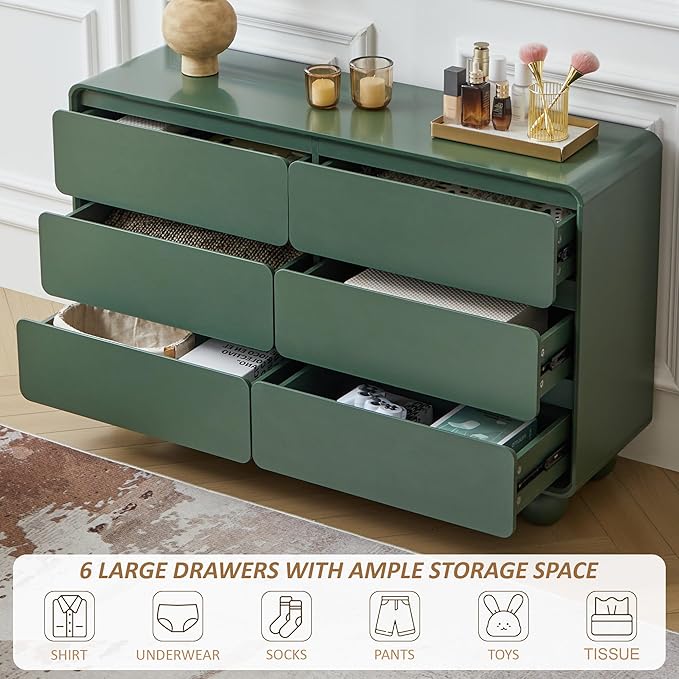 AVZEAR Modern 6 Drawer Green Dresser for Kids Bedroom, 48" Wide Wooden Dresser Chest of Drawers, Handle Free & Curved Profile Design, Mid Century Closet Clothes Storage Organizer for Living Room