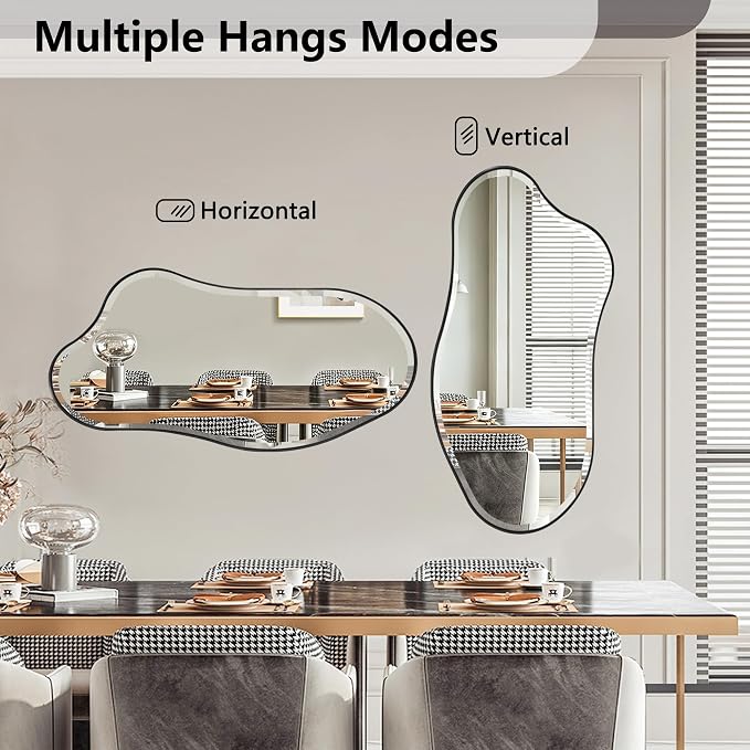POZINO Irregular Beveled Mirror, 40"x20" Asymmetrical Vanity Wall Mirror with Black Metal Frame, Organic Shape Mirrors for Entryway Bathroom Bedroom Hallway Living Room, Horizontal/Vertical Hanging