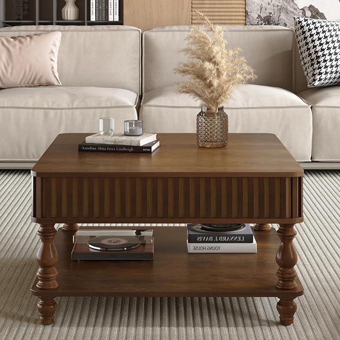 31.5 Inch Square Lift Top Coffee Table with Hidden Storage, 2 Tier Wooden Square Fluted Coffee Table with Open Shelf & Sculpted Legs, Retro Center Table for Living Room, Apartment, Home Office, Walnut
