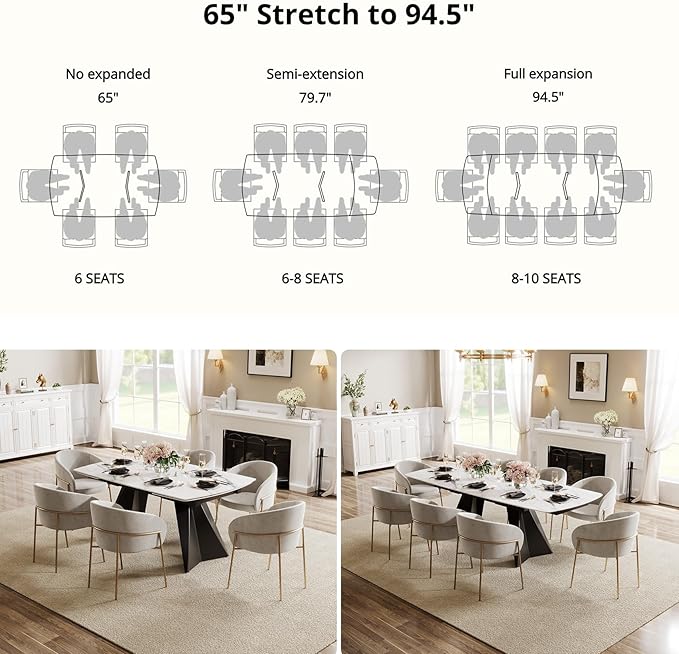 Expandable Dining Table with Leaf, 65"-95" Rectangular Sintered Stone, Marble-Look Top, Seats 6-12, Metal Base, Easy-Clean, Heat & Scratch Resistant, Dining Room/Kitchen Table for Family Gatherings