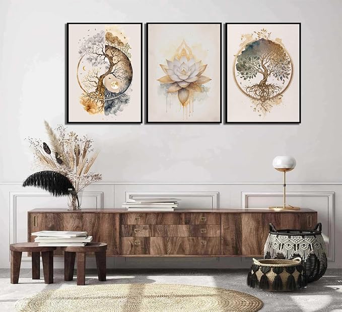 3 Pcs Tree of Life Wall Art Modern Gold Lotus Zen Canvas Wall Decor Abstract Yin Yang Posters Pictures Yoga Meditation Studio Painting Prints For Living Room Hotel Bedroom Home Decoration Unframed