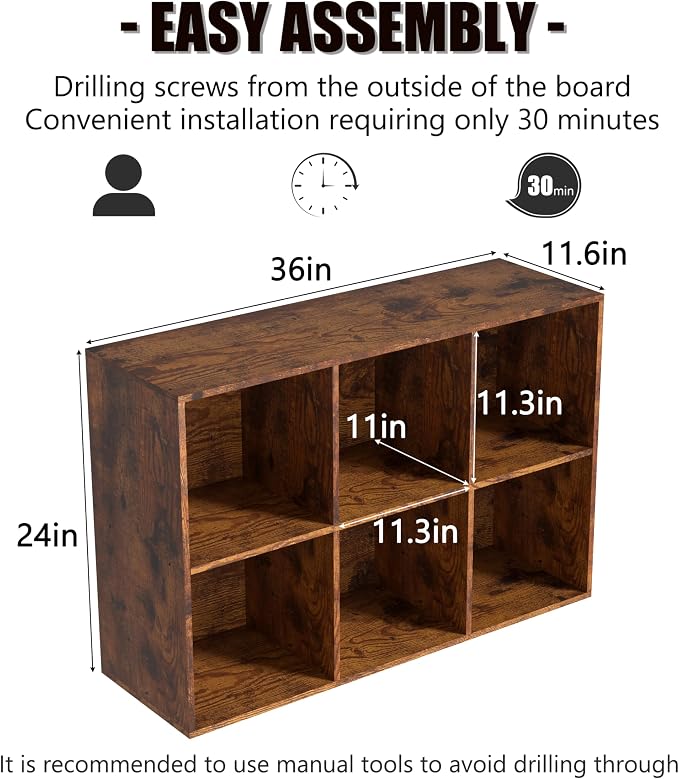 Wooden 6 Cube Storage Organizer with Closed Back Panel,Retro Brown Cube Shelf Cubby Storage Organizers with Compartments for Living,Bookshelf,Organizers Easy to Install (Retro Brown, 6 Cube)