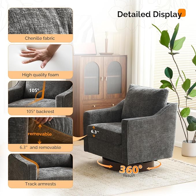 VINGLI Mid-Century Modern Swivel Accent Chair, 360°Upholstered Armchair, Home Sofa with Track Arms for Living Room, Bedroom, Reading Room, Club Swivel Chair, Chenille Grey