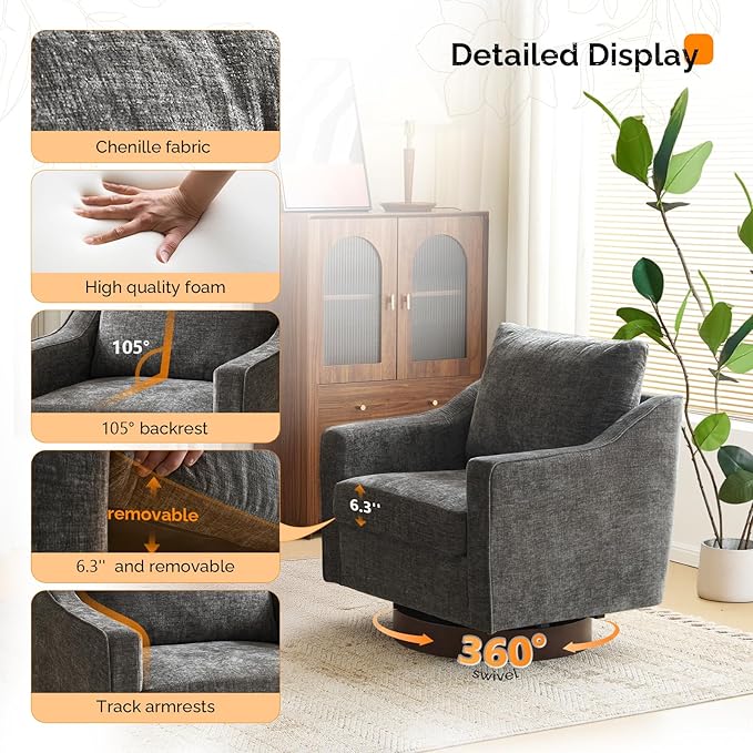 VINGLI Mid-Century Modern Swivel Accent Chairs Set of 2, 360°Upholstered Armchairs, Home Sofa with Track Arms for Living Room, Bedroom, Reading Room, Club Swivel Chairs, Chenille Grey