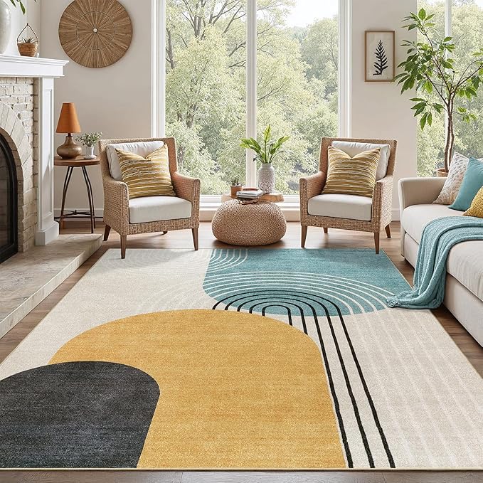 DCX Machine Washable 6x9 Area Rug, Midcentury Modern Non Slip Stain Resistant Rug 6x9 for Living Room, Playroom, Dining Room, Soft 0.25" Low Pile Large Carpet, Blue & Yellow