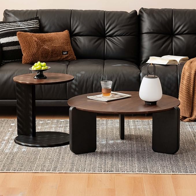 YESWOOD Round Coffee Table Set of 2, Solid Walnut Wood Top Coffee Table with Oak Legs, Mid Century Morden Living Rooom Table, Small Coffee Table for Bedroom Balcony Living Room