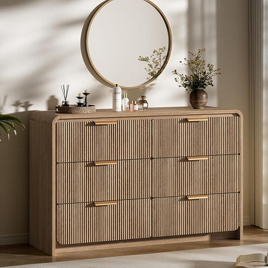 47" Wide Fluted 6 Drawer Dresser for Bedroom, Chest of Drawers with Curved Profile Design, Modern Wood Closet Clothes Storage Organizer for Bedroom, Living Room, Hallway, Walnut