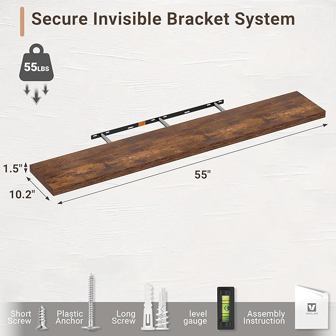 Vivelove 10 Inch Deep Floating Shelves 55 inch Long, 55 x 10 Wide Wall Shelves with Invisible Brackets, for Bedroom Bathroom Living Room Kitchen Office, Farmhouse Home Decor, Set of 2, Rustic Brown