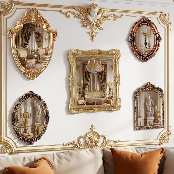 Wonderjune 5 Pcs Vintage Gold Mirror Set for Wall Decorative Resin Frame Ornate Antique Hanging and Tabletop Mirror for Home Dresser Gallery Decor Photography Props Gift (Ornate Style)