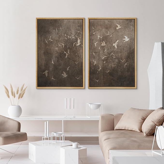 IDEA4WALL Framed Canvas Print Wall Art Set Flying Birds Silhouette Rustic Neutral Tone Abstract Illustrations Modern Art Decorative Calm/Zen for Living Room, Bedroom, Office - 24"x36"x2 Natural