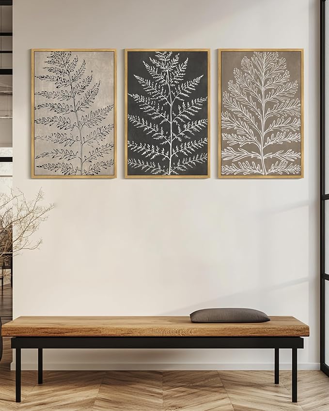 KUVIOKE Vintage Botanical Framed Wall Art Bohemian Black Tan Plant Leaf Wall Decor Nature Fern Plant Silhouette Wall Painting for Living Room Bedroom 24x36in (Natural Framed)