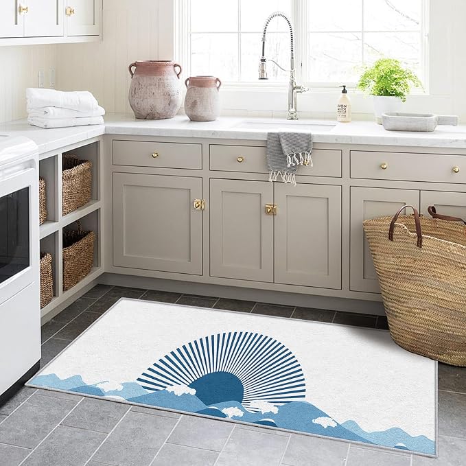 Boho Sunshine Runner Rug 3x12, Japanese Landscape Design, Modern Coastal Area Rug, Washable Carpet Runner for Bedroom, Standard Hallways, Kitchen Walkway, Dining Room Sideboard