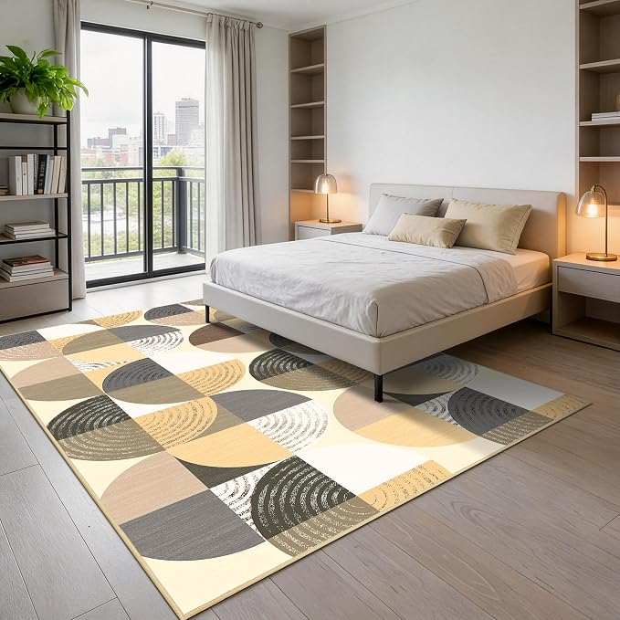 Merelax 6x9 Geometric Rugs for Living Room - Washable Non-Slip Large Bedroom Rug, Indoor Floor Carpet Low Pile Soft Area Rug for Dining Room, Mudroom, Modern Aesthetic Geometric Decor, Light Tan