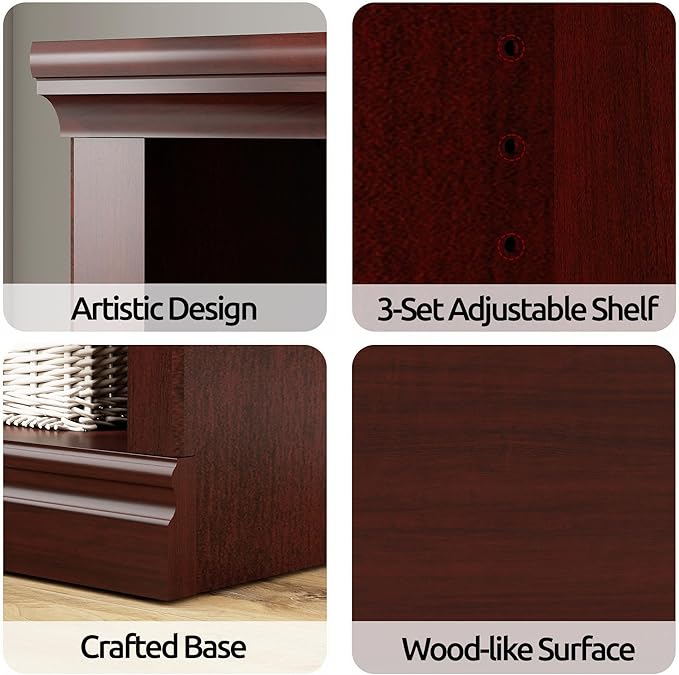 Double Wide Open Shelf Bookcase - 2 Tiers 4 Storage Cube Adjustable Space Book Case, Display Cabinet Organizer with Bookshelf, 64.8 inch Width Indoor Furniture for Home Library Office, Mahogany