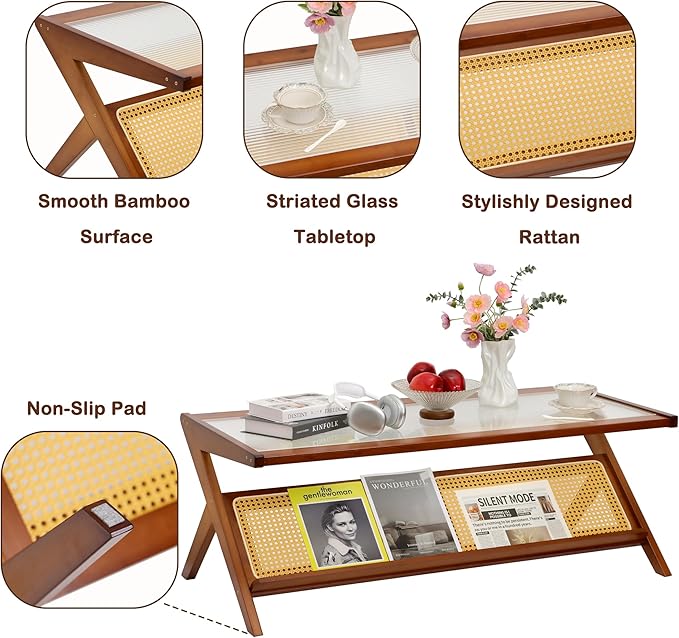 Bamboo Coffee Table, Accent Rattan Coffee Table with Glass Top, Mid-Century Wooden Center Tables, Modern Sofa Side Tea Tables with Storage for Living Room, Walnut