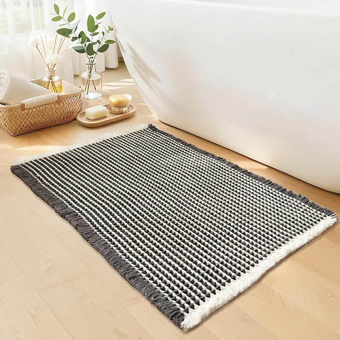 Waffle Bath Mat - Boho Bathroom Rugs Non Slip Washable, Super Absorbent & Quick Dry, Small Bath Mats Farmhouse Bathroom Decor, 18'' x 30'', Dark Grey and White