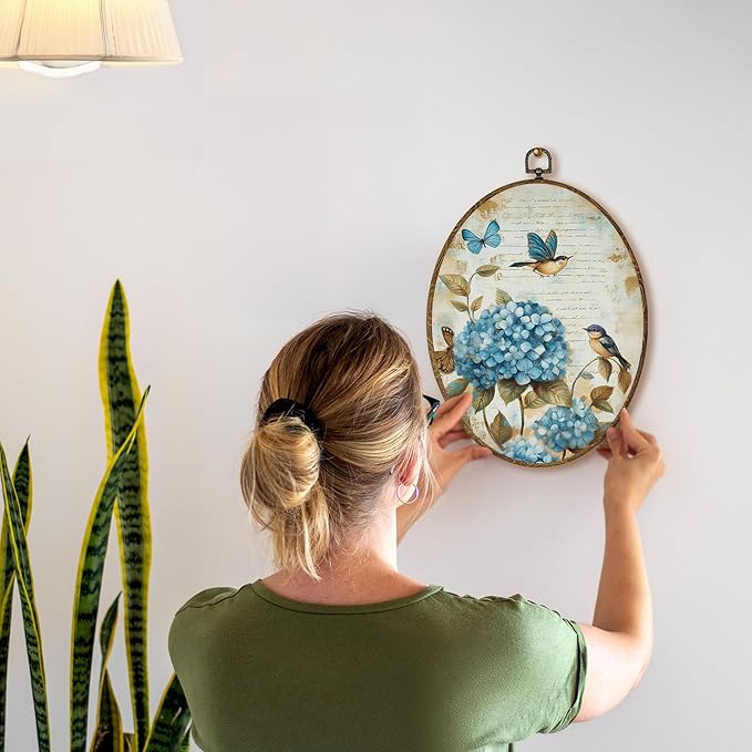 AEHIE Vintage Hydrangea Oval Wall Art Decor, Cottagecore Blue Bird Butterfly Canvas Artwork Framed, Rustic Country Floral Botanical Oval Wall Art for Home Bedroom Living Room Decor, 11x8.5 Inches