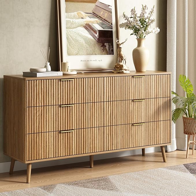 CARPETNAL Fluted Dresser and Nightstand Sets for Bedroom, 3 Pcs Bedroom Set, 6-Drawer Dresser & 2-Drawer Nightstand Set of 2, Modern Wood Chest of Drawers for Living Room, Entryway, Walnut