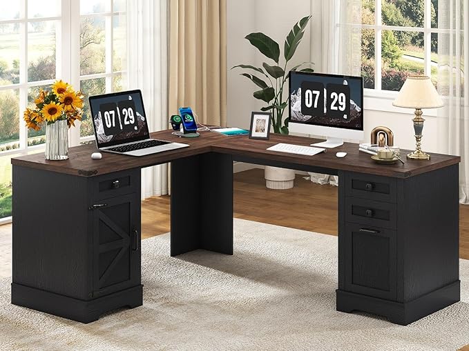 Squireewo 68.9'' Farmhouse L Shaped Desk with Drawers, Wood Executive Home Office Desk with Charging Station, File Drawers and Storage Cabinet, Computer Corner Desk for Work, Study and Writing, Black