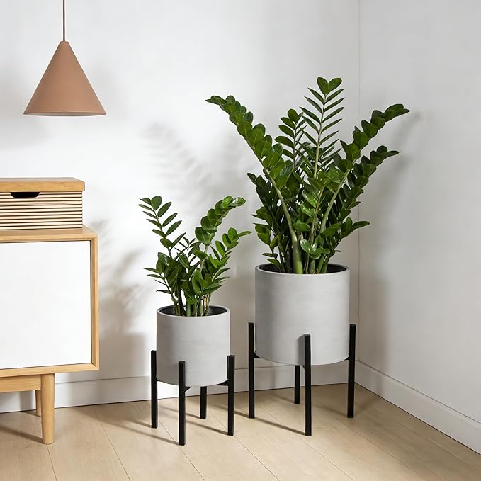 ARNIS Modern Plant Pots, Set of 2 Large Planters with Stand, Decorative Planters, Metal Pots with Drainage Holes for Living Room, Office, Garden or Balcony, 8.25 &10.5 Inch, Grey