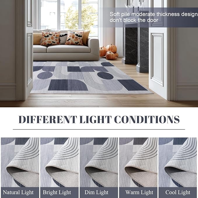 Large Machine Washable 5x7 Area Rug, Soft Modern Geometric Abstract Grey Rugs for Bedroom Living Room, Non-Shedding Faux Wool Indoor Throw Floor Carpet for Office Entryway Dining Room Decor