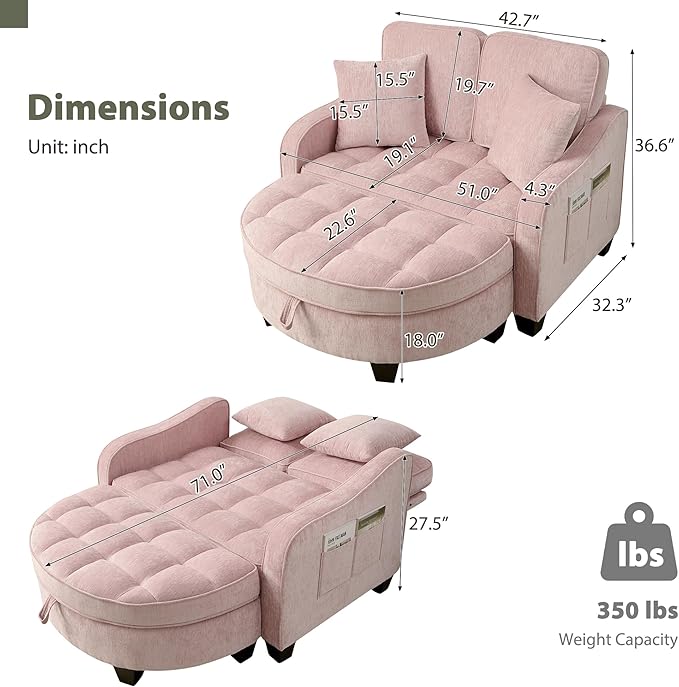 Round Chaise Lounge Chair with Storage Ottoman, Oversized Bubble Chair and a Half Featuring Adjustable Backrest, Plush Reading Accent Chair and Ottoman Set for Bedroom, Blush Pink