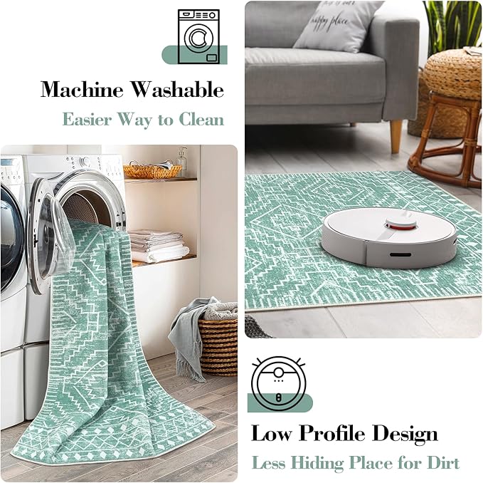 Wonnitar Moroccan 2'6"x8' Washable Kitchen and Bathroom Rug, Sage Green Boho Laundry Room Carpet, Thin Non-Slip Runner for Bedroom Hallway Closet (Mint Green, 2'6"x8')