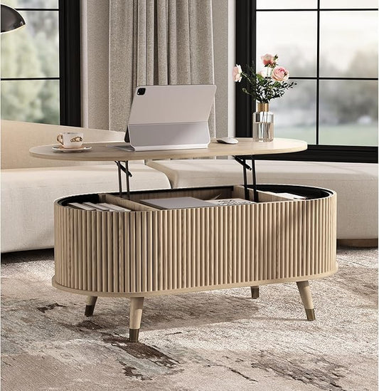 42.5" Oval Lift Top Coffee Table with Storage, Mid Century Modern Oak Center Table with Fluted Panel, Solid Wood Legs & Hidden Compartment for Living Room