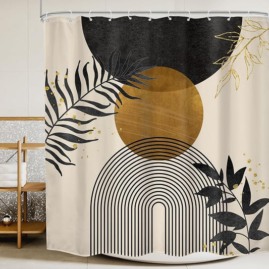Black Boho Shower Curtain 72Wx72H Mid Century Gold Leaves Modern Bohemian Abstract Bathroom Decor Plant Botanical Minimalist Geometric Bath Curtain Fabric Polyester 12 Pack Hooks