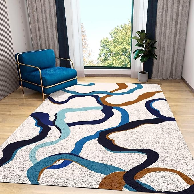 Mid-Century Black Brown and Blue Irregular Stripes Art Area Rug, Modern Abstract Lines Bedside Rug, Non Slip Absorbent Easy Clean Washable Mat for Floor Living Room Bedroom Entryway-6x8ft