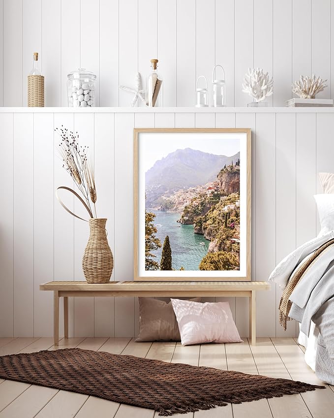 HesenDot Natural OAK Wood Framed Italy Coastal Wall Art,12x16in Amalfi Coast Canvas Wall Print,Positano Seascape Boho Poster Wall Decor for Living Room,Bedroom,Office Gallery Set of 1