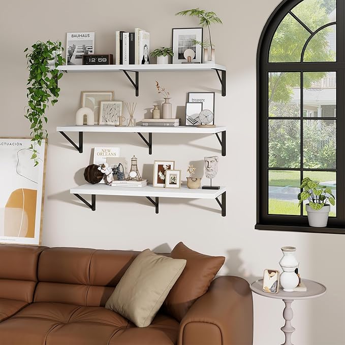 Deep Wall Shelves 16"W x 12"D Engineered Wood Floating Shelves for Wall, Sturdy Metal Bracket Bookshelves Home Decor Storage for Living Room Bedroom Bathroom Kitchen, Set of 2, White Finish